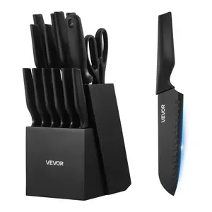 【DealsForYouDays】VEVOR 15-Piece German High Carbon Stainless Steel Kitchen Knife Set with Nonstick Blades, PP Ergonomic Handle, Sharpening Rod, Sharpener, and Wooden Block for Home Cooks, Blade