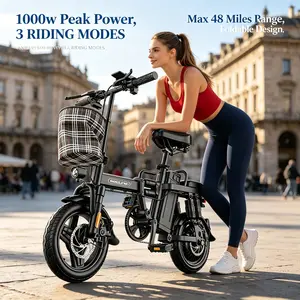 14 Inch Z1 Foldable E-Bike, 1000W Motor & 15Ah Detachable 48V Battery Up to 48 Miles Range, High Carbon Steel Frame Dual Disc Brake, LED Display Remote Lock Unlock Electric Bike for Daily Commute & Outdoor Travel