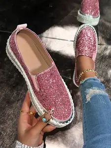 Women's Silver Color Chunky Sole Elegant Plain Loafers, Luxurious Sparkle Style, All-Season Versatile Outdoor Shoes, Easy Match Daily Wear