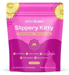 Kitty Queen Slippery Kitty Feminine Probiotic + Moisture Gummies,Supports PH Balance & Digestive Health, Slippery Elm For Women - All In One Solution With Slippery Elm 60 Count Pineapple Flavor