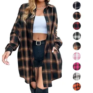 Blooming Jelly Women's Button Down Flannel Shirts Plaid Shacket Long Sleeve Collared Long Jacket Coats