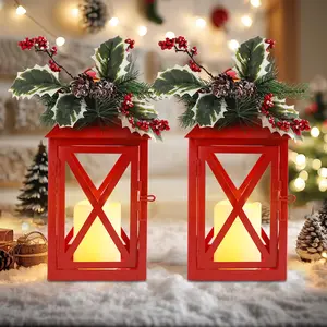 2 Pack Red Christmas Lantern with Flickering Flameless LED Candle & Holiday Greenery,Metal Lanterns,Christmas Decor,Home Decor