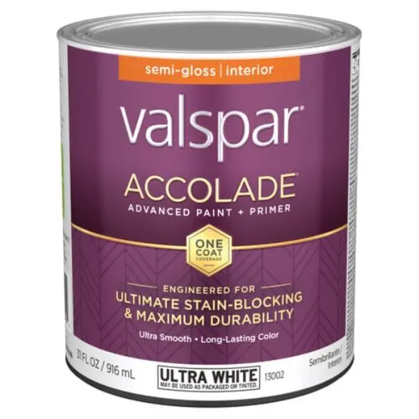 212 MAIN Valspar 1 qt. Accolade Acrylic Latex Ultra Satin Sheen All-Purpose Interior Wall Paint - White, Durable, Scrub-Resistant, Advanced Stain-Blocking, Stain Blocker, Mildew Resist, Greenguard Gold Certified, Indoor Use