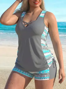 Women's two-piece Cross Split Swimsuit with Printed Shorts Gray Vacation Beachwear Quick-Drying Composite Fabric set Hide Apron Belly - Snatch Your Waist| Plus Size Tankini| Stretchy Tummy Control Swimsuit