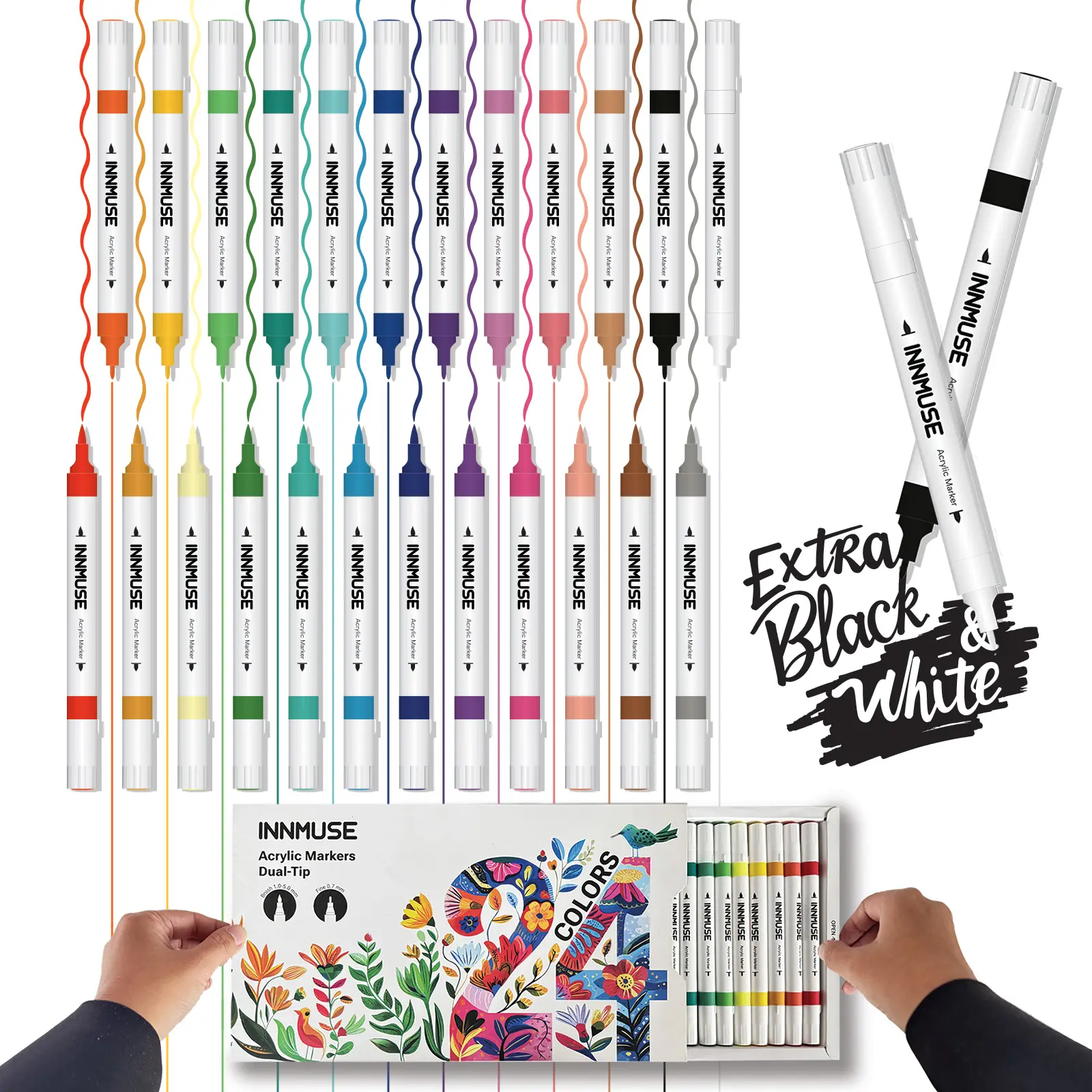 Innmuse Dual Tip Artist Markers Set, Acrylic Paint Pens With Extra White And Black, DIY Arts And Crafts Supplies For Rock, Wood, Canvas, Glass, multi  surface  markers ,Waterproof acrylic paint marker ,graffiti pen, quick dry marker pen rock painting