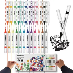 Innmuse Dual Tip Artist Markers Set, Acrylic Paint Pens With Extra White And Black, DIY Arts And Crafts Supplies For Rock, Wood, Canvas, Glass, multi  surface  markers ,Waterproof acrylic paint marker ,graffiti pen, quick dry marker pen rock painting