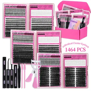 LASH SKYQD Mix Lashes Clusters Kit Gift Packs 1464Pcs With Bond&Seal Remover Tweezers Eyelash Curler Lash Brush,Bottom/Spike/Mega/Cat Lashes 3D Effect False Eyelash DIY Individual Clusters Lash Kit Perfect for Beginners & Proficient, DIY at Home Easily