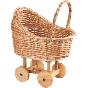 Woven Rattan Stroller Shaped Flower Basket, Vintage Wicker Baby Carriage Planter for Floral Arrangements, Baby Shower Wedding Party Decor, Photography Props, Floral Rustic Home Decor (Mini)