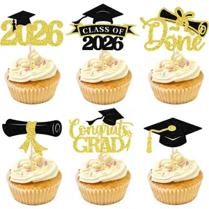 2026 Graduation Cupcake Toppers, 36 pack Gold Glitter Class of 2026 Congrats Grad Diploma Graduation Cap Cupcake Picks for 2026 Graduation Party decorating Supplies