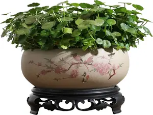 Lotus Bowl Planter, Coarse Pottery Water Lily Flower Pot with Plastic Base, 7.8 inches (B-2)