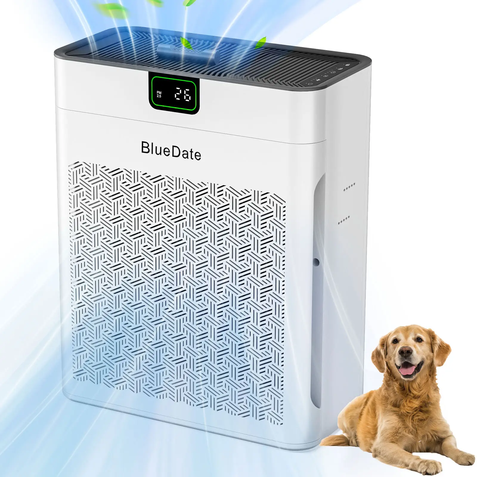 BlueDate Air Purifier for Home Large Room up to 1100 Sq Ft with PM 2.5 Display Air Quality Sensor for Pet Hair, 25dB Sleep Mode,Auto Mode, Timer, Aromatherapy，HEPA Air Purifier for Bedroom (White)