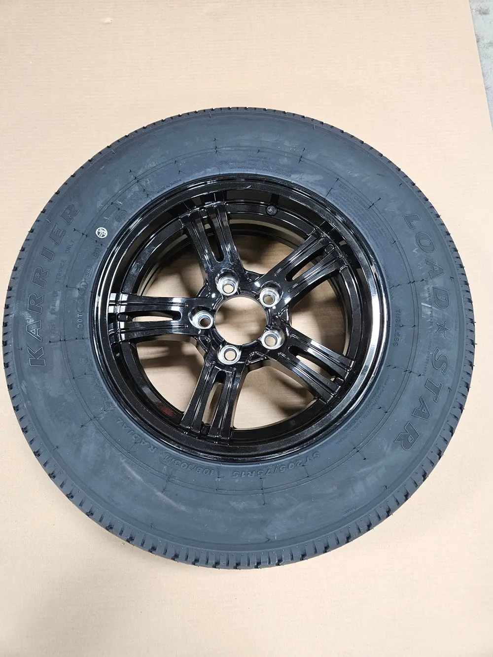 Trailer Camper Wheel Set - 15" Black Aluminum Rim, 15x6x4.5 Size, ST205/75R15 Radial Tire, D Load Duty