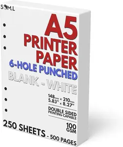 A5 Blank Paper 6-Hole Punched, 250 Sheets (500 Pages), 100 GSM, Printer Paper 148mm x 210mm (5.83 in. x 8.27 in.) bullet  journals planner