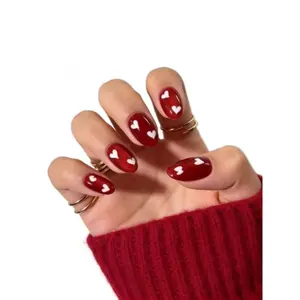 French Red Cat Eye Nail Stickers Medium Almond Shape Bow Decor Heart Pattern Reusable Full Coverage Nails Smooth Surface Minimalist Cute Style Women Girls Daily Wear High Quality Manicure Skincare Set Body Care Glow