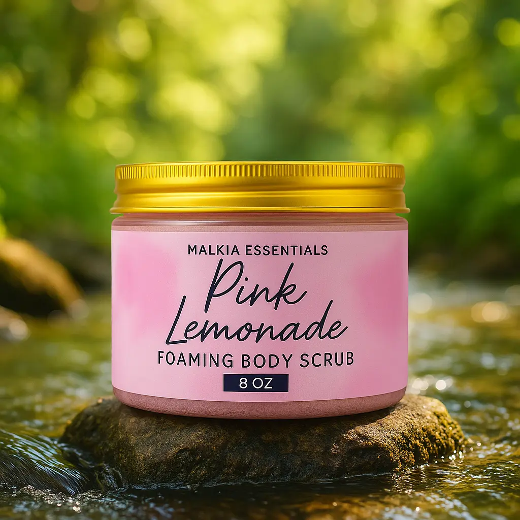 Malkia Essentials Vegan Pink Lemonade Foaming Sugar Scrub - Organic Raw Sugar Exfoliating Body Care for Dry Skin & Dark Marks - 8oz