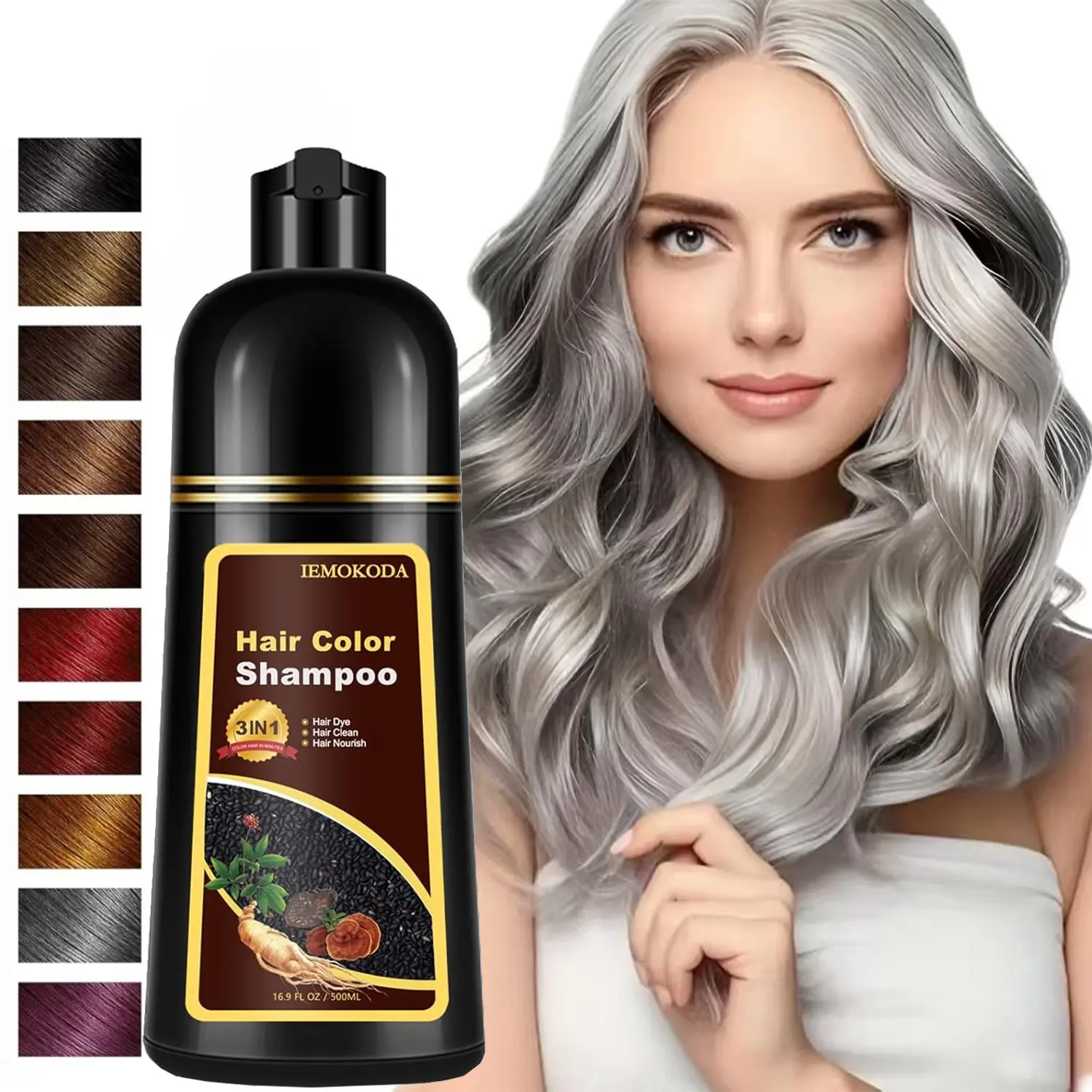 3-in-1 Natural Silver Gray Hair Color Shampoo - Makes hair appear gray Nourishing Head Care,Suitable for Normal Hair Types - Long-lasting,Gentle Moisturizing Natural Herbal Shampoo,500 ML