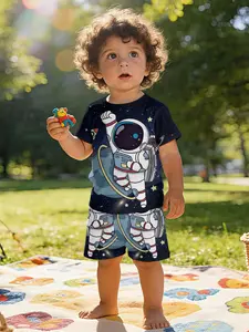 Super cute space astronaut digital print short-sleeve set for infants and toddlers, casual kids' wear for babies, suitable for daily and outdoor sports. The T-shirt is made of 100% polyester, a perfect gift for infants and toddlers!