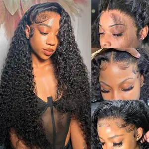 [30 inch hot] 13x6 Lace Front Wigs Human Hair Water Wave 180 Density Deep Wave 13x6 HD Full Lace Frontal Wigs Pre Plucked Wet and Wavy Glueless Deep Curly Human Hair Wigs for Women Natural Black