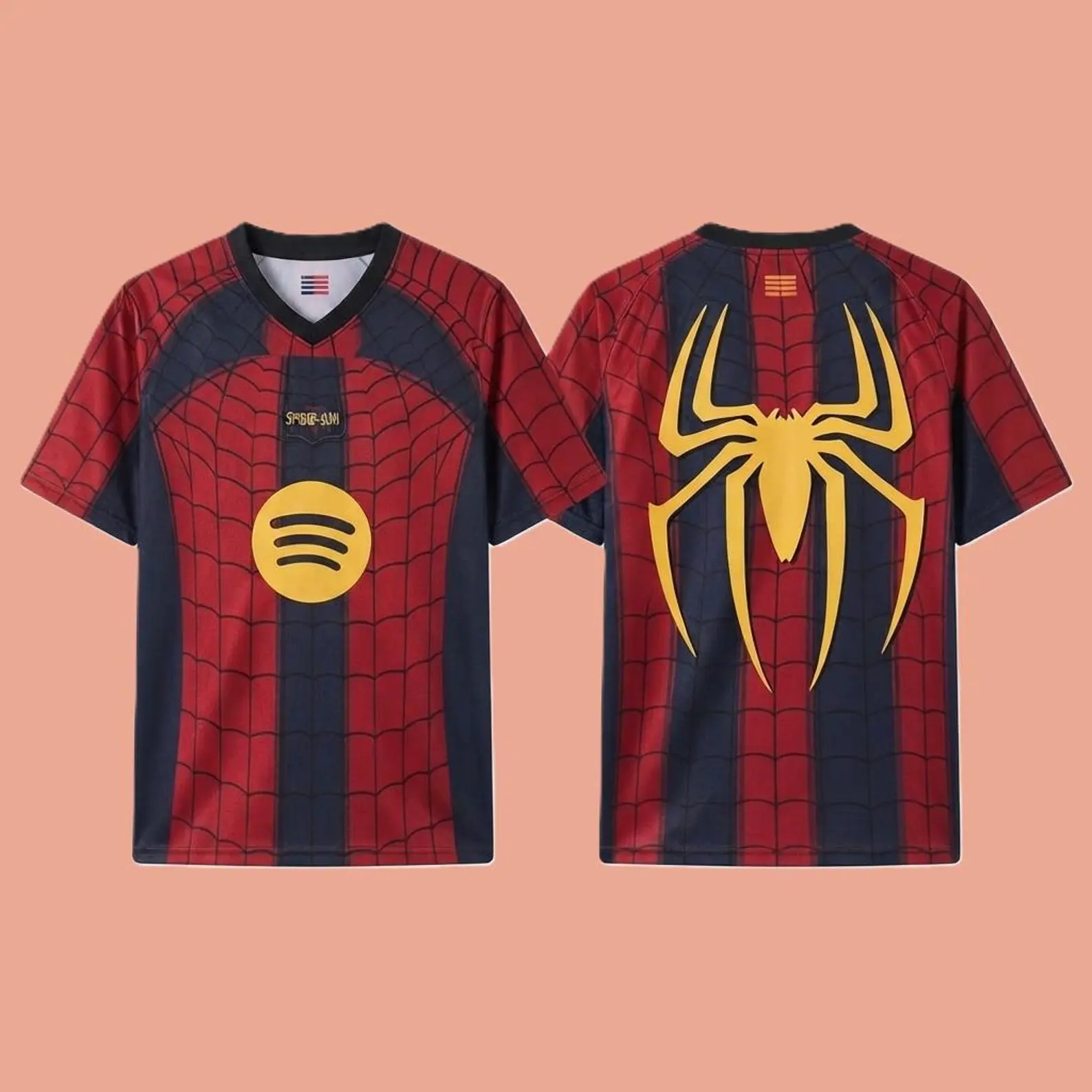 Spider Web Graphic Soccer Jersey, Vintage Gold Spider Emblem Football Shirt, Retro Stripes Concept Sports Top, Oversized Athletic Streetwear, Cool Web Pattern Short Sleeve Football Shirt