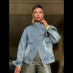 Women's retro washed high neck asymmetrical button loose denim jacket, street style fashionable multifunctional top, suitable for wearing in spring, autumn and winterRAIMENTRY