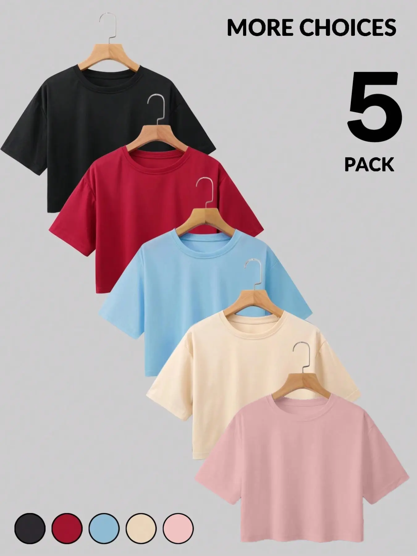 Summer 5-Pack Solid Color, Basic Cropped T-Shirts for Women, Loose & Slimming Fit Crew Neck Short Sleeve Crop Tops, Daily Commute Wear, Minimalist Casual Style, Casual Chic Top, Suitable for Multiple Aesthetics