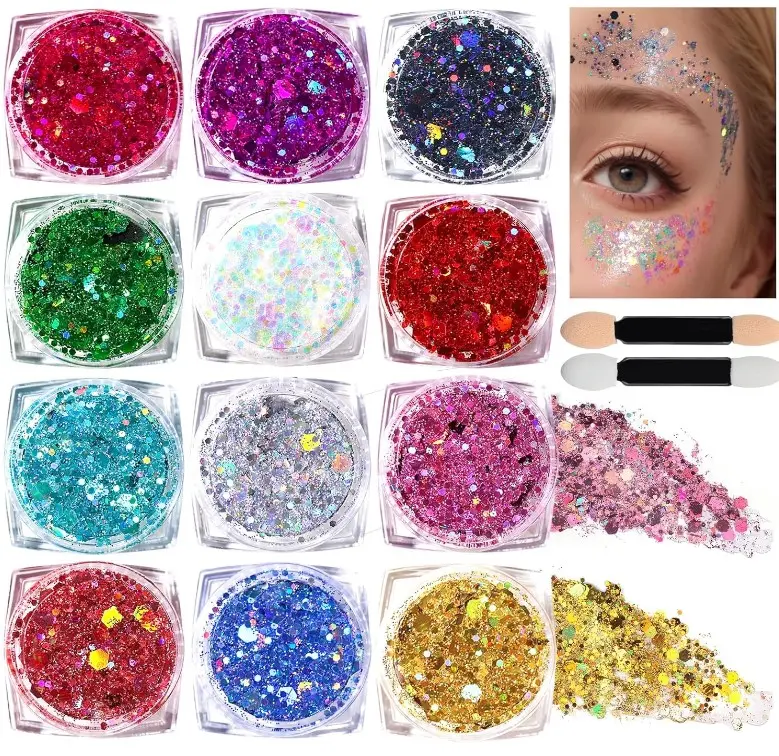 Teenitor Body Glitter Face Glitter Makeup Festival Glitter, 12 Colors Face and Body Glitter Gel, Hair Glitter Gel, Body Makeup