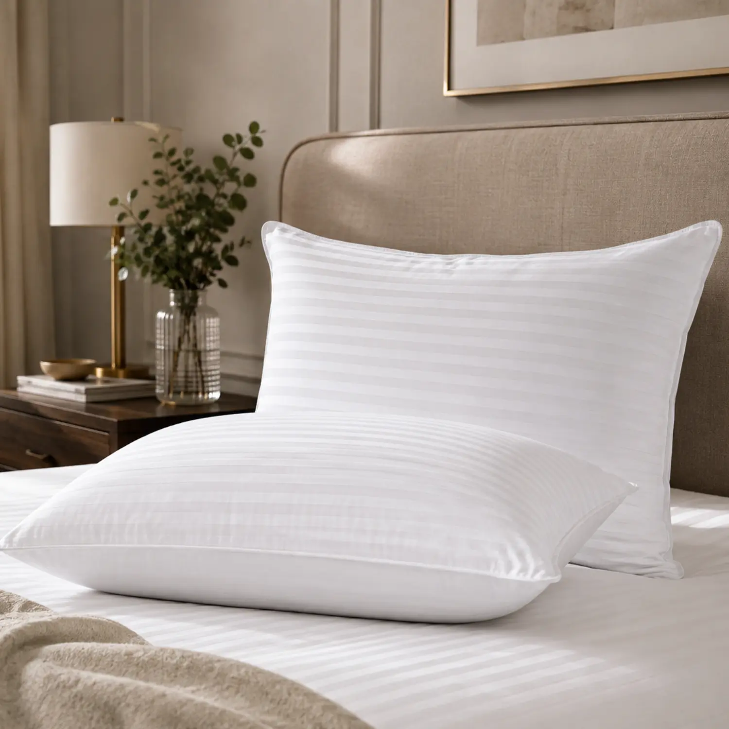 NOVASTILE Queen Size Sleeping Pillows Set of 2 - Satin Striped, Durable Plush Hotel-Style, 250TC Thread Count Cotton Cover, 1200G Polyester Down Alternative Fill, Airflow Cooling, Breathable, Machine Washable, White Cord Piping on Edges