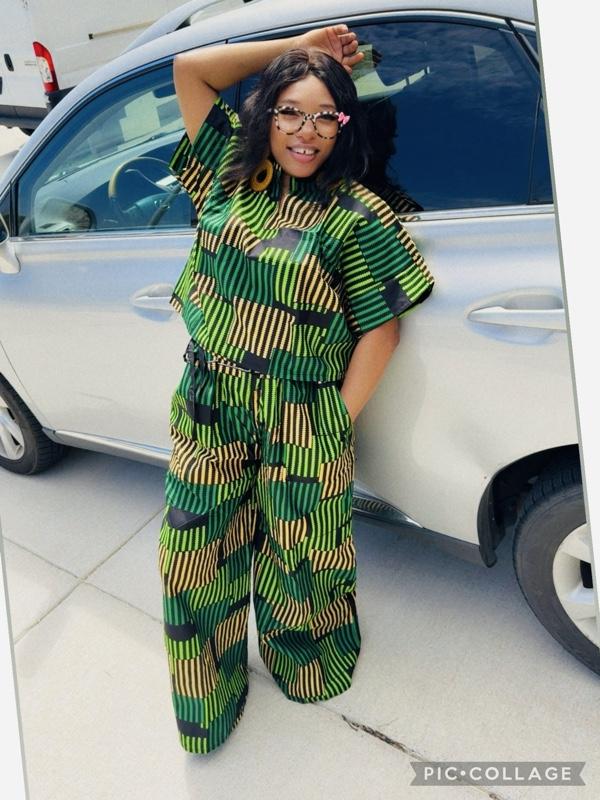 Vibrant ŌMŌGĚ 2 Piece Palazzo Ankara Fit for Women's Fashionable Womenswear Pants that comes with colorful matching handmade rattan earrings.