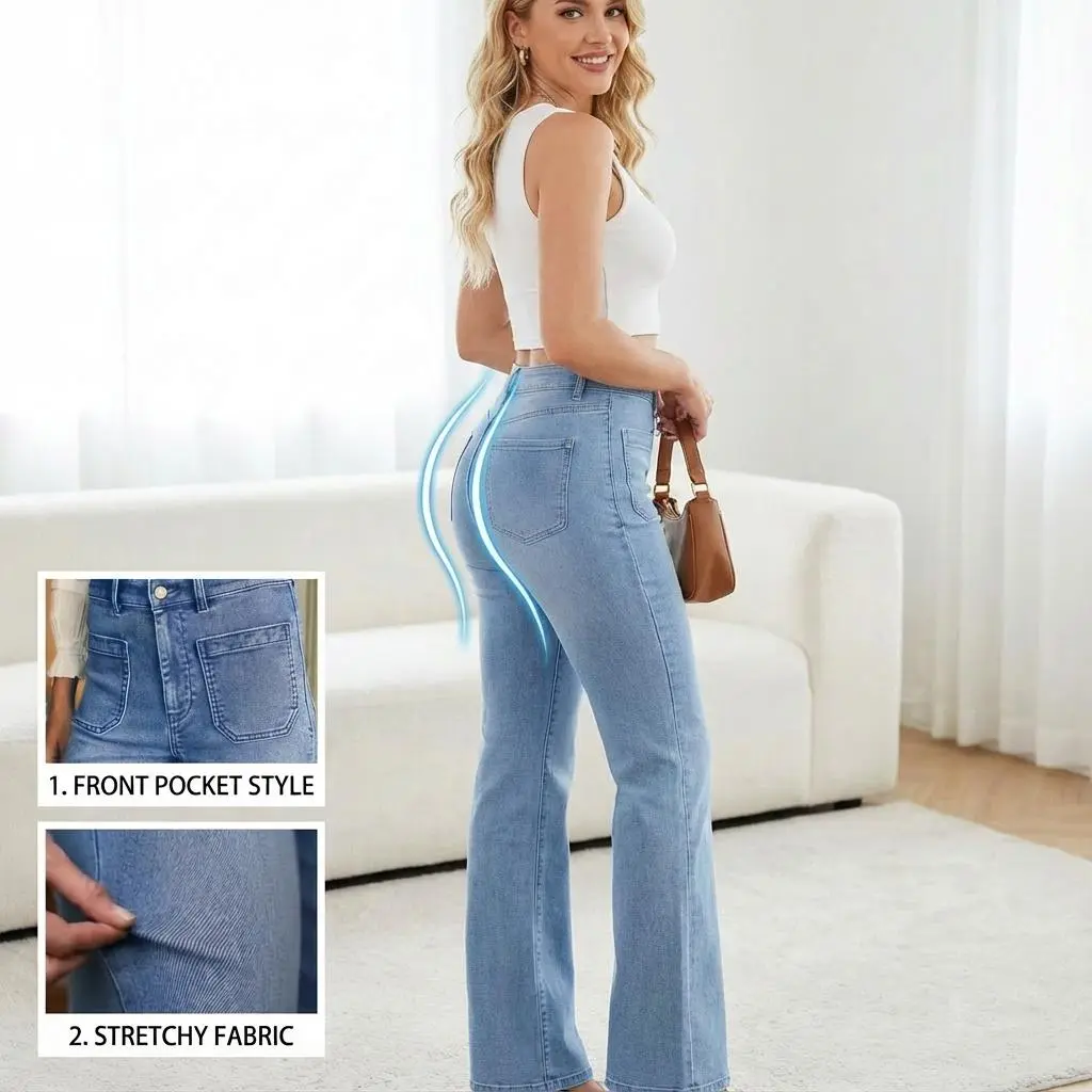 Women's Cotton Magic Stretch High-Waist Micro-Flare Jeans - Elastane, Vertical Front Pockets, Wide Leg, Light Bottom, All Seasons, Machine Washable Straight Fit Jeans