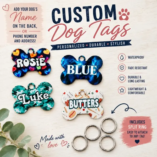 Custom Personalized Dog ID Tag | Double-Sided Aluminum Pet Name Tag | Custom Dog Tag with Split Ring | Small & Large Dog Collar Tag