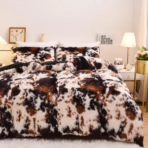 Cow Print Duvet Cover Shaggy Fluffy Tie Dye Brown Black Velvet Bedding Set Super Soft Faux Fur Fuzzy Comforter Cover with Pillowcases (Coffee-Black, Twin)