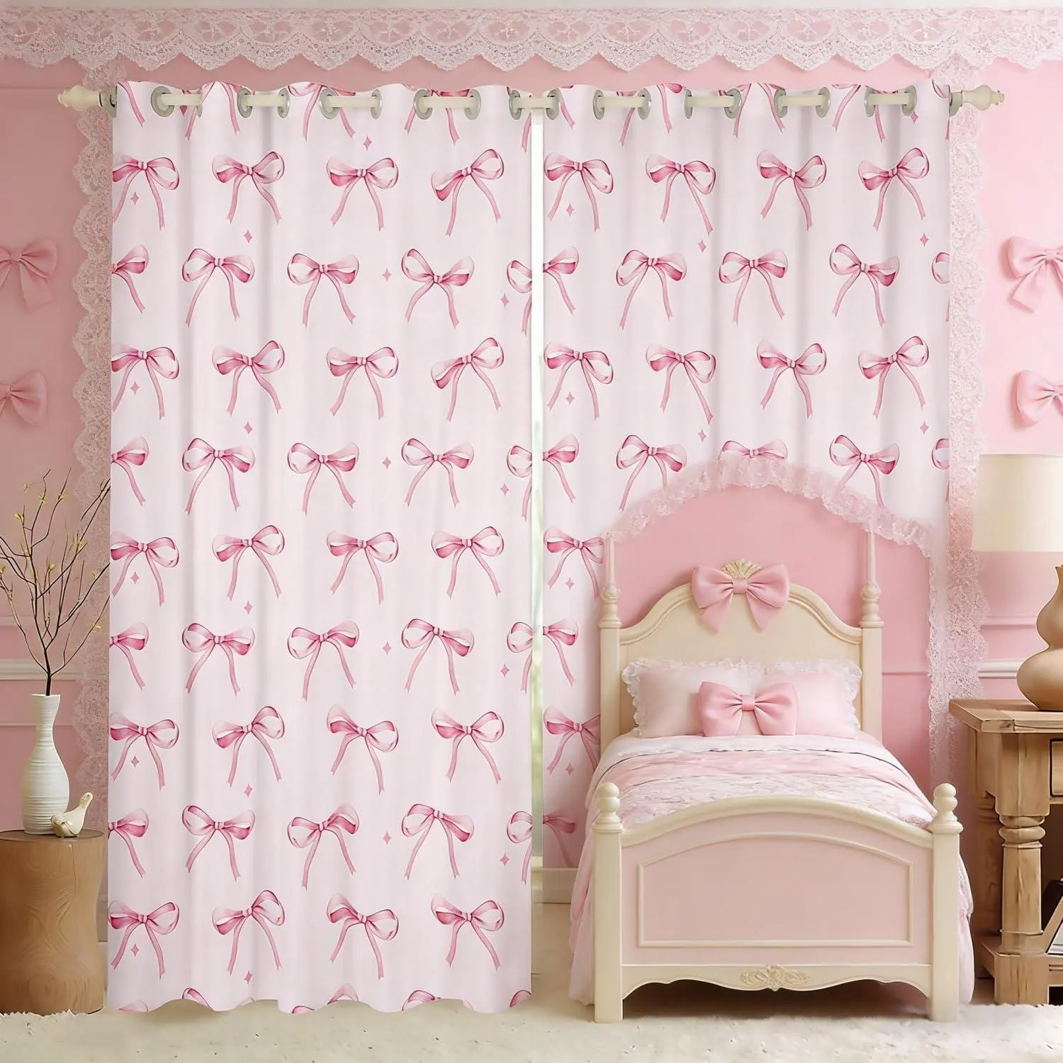 Cute Bows Blackout Curtains Pink Bow Drapes for Bedroom,Lovely Girls Window Curtains Modern Aesthetic Girly Window Treatments,2 Panels