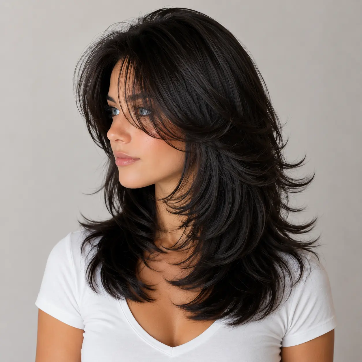 Layered Curly Wig with Curtain Bangs for Women, 16-Inch Deep Brown Synthetic Hair, Matte Finish, Heat Resistant with a Breathable Adjustable Cap