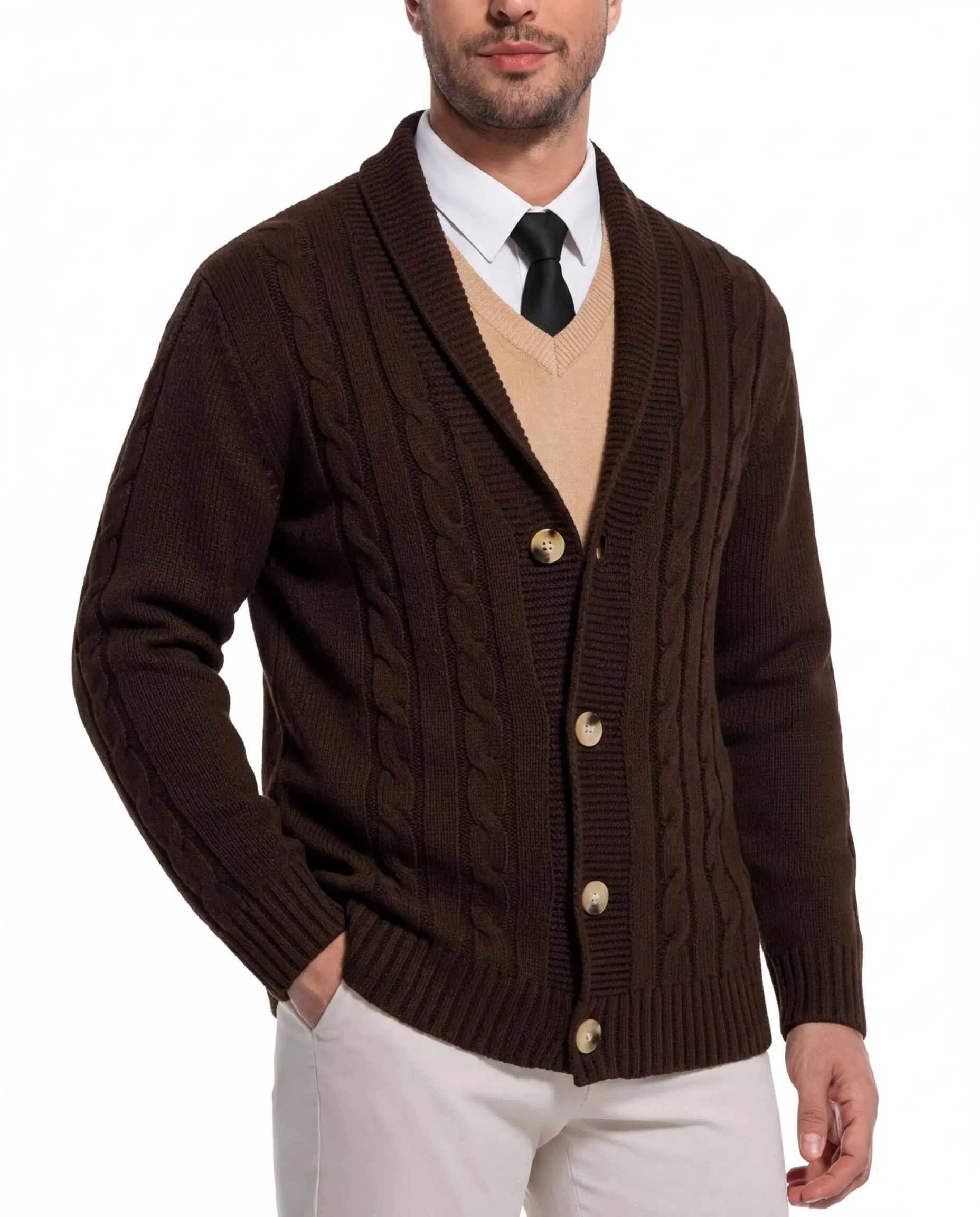 Men’s Cable Knit Denim Cardigan Sweater Clothes - Shawl Collar, Button-Front V-Neck, Full Sleeves, Medium Length, Ribbed Classic Stylish Top for Business Casual Work & Fall Winter Layering