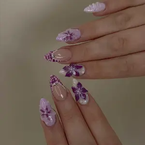 Medium Long Almond Shape Gradient Flower Design Nails Nail Tips Art, Clear Nude Look with Snake Skin Rhinestones, Acrylic Material, Includes Jelly Glue and File