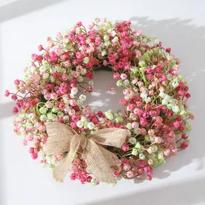 Spring wreathPink Gypsophila Garland, colorful eucalyptus wreath, artificial flowers, window decoration, door hanging, artificial plant, bow, artificial flower hanging decoration room bedroom wall decor