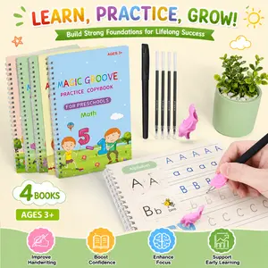 Magic Grooved Practice Copybook 4 Pc Large Reusable Handwriting Practice Scribe Book Set for Kids Ages 3-5 Preschool Calligraphy Learning Number Letter Tracing Books – Fun Educational Edition