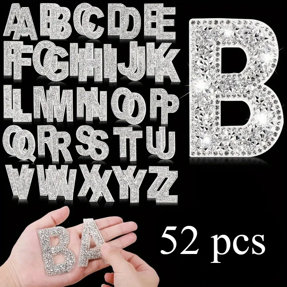 52 Pcs High Temperature Resistance Self-Adhesive Hot Stamping Crystal Resin Glitter Stickers - A to Z Assorted Decals, 2 per Style, Embellishment for Sewing & Haberdashery Accessories, DIY Crafts, Clothing