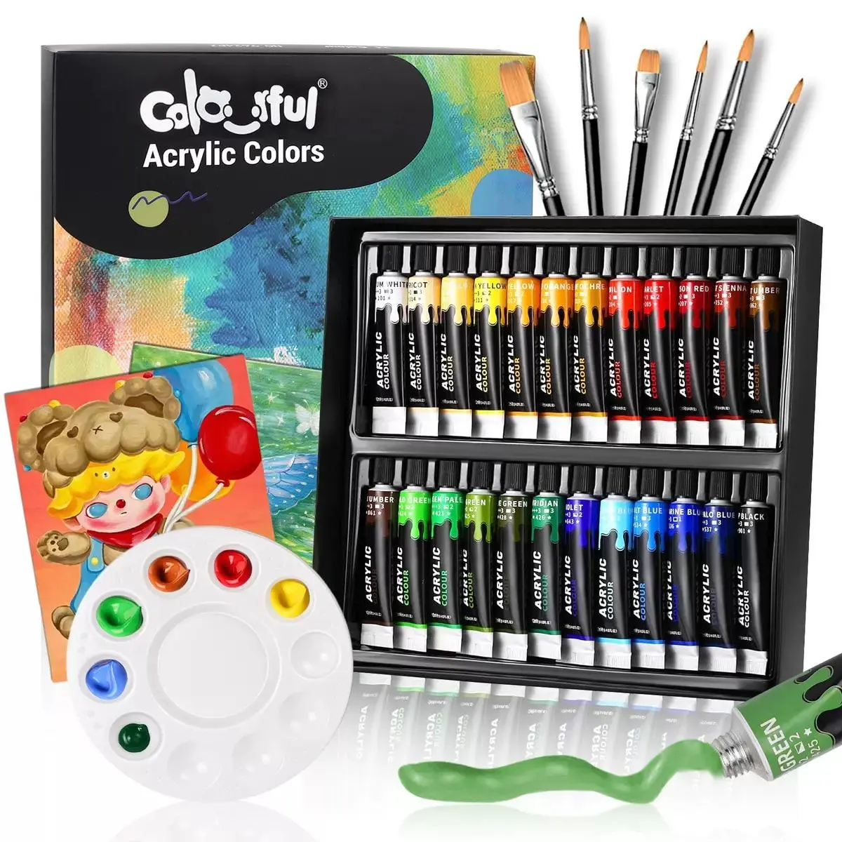 Acrylic Paint Set, 1 Box 12/24 Colors Colorful Acrylic Paint Set with 6 Brushes & 1 Palette, Acrylic Crafts Paint Kit for Student, Beginners, Crafts Art Painting Art Supplies