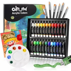 Acrylic Paint Set, 1 Box 12/24 Colors Colorful Acrylic Paint Set with 6 Brushes & 1 Palette, Acrylic Crafts Paint Kit for Student, Beginners, Crafts Art Supplies
