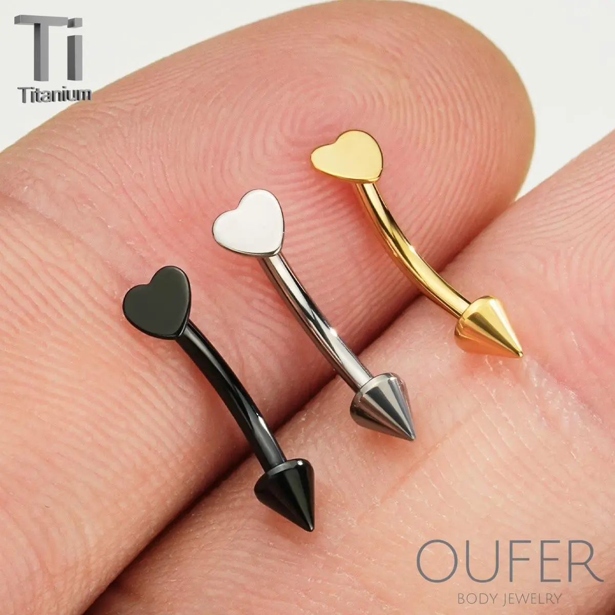 OUFER BODY JEWELRY 16G Unisex Titanium Eyebrow Ring with Heart & Spike Flat Charm, Hypoallergenic 1.2mm Externally Threaded Piercing for Rook, Vertical Labret