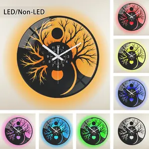 Vinyl Record Style Wall Clock with Tree Design, Round Transparent Glass Art Decor Available in 9.84/11.81/13.78 Inches, No Battery Required for Bedroom, Living Room, Kitchen and Perfect Gift for Any Occasion