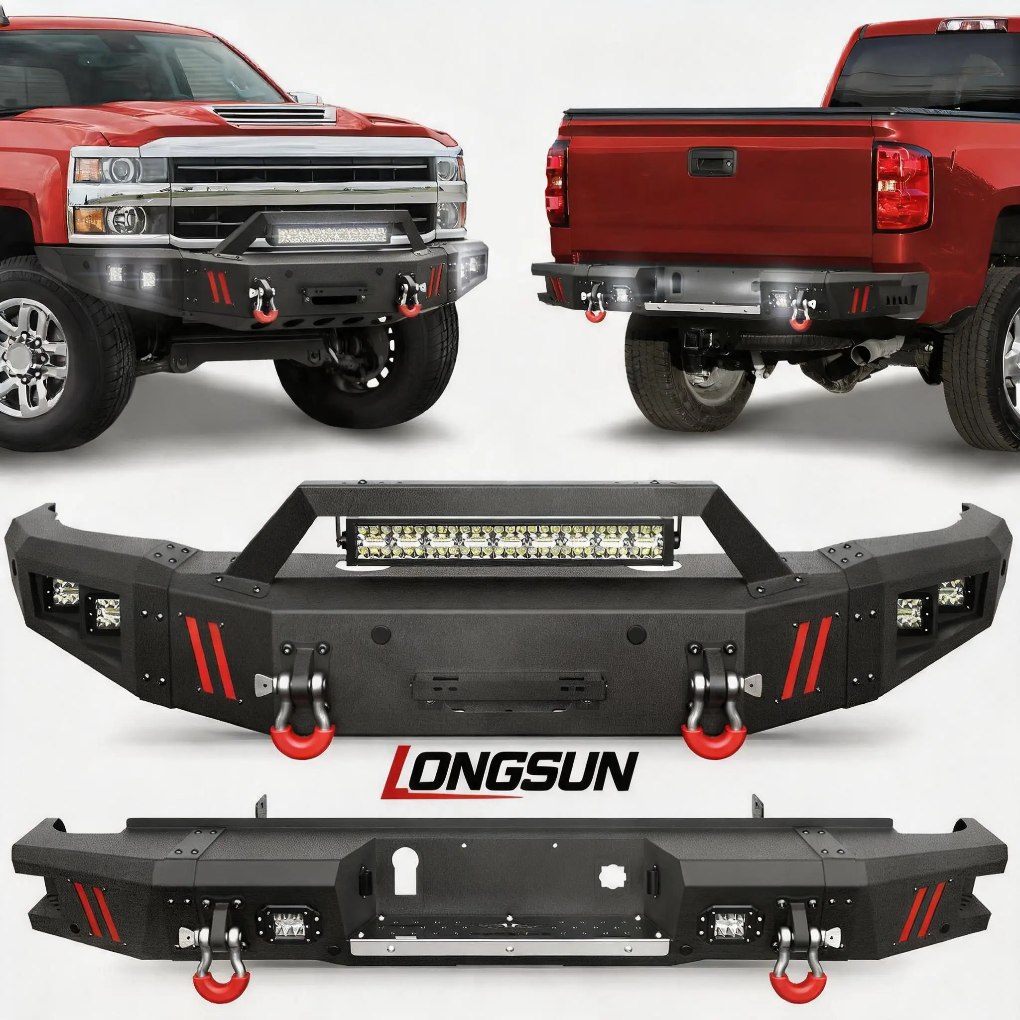 Longsun Silverado Front + Rear Bumper Combo for 2015-2019 Chevrolet Silverado 2500/3500 HD, Full Width Front & Rear Bumper for Chevy Silverado Pickup Truck, w/Winch Plate, D-Rings, LED Lights fck bars and Kit drings