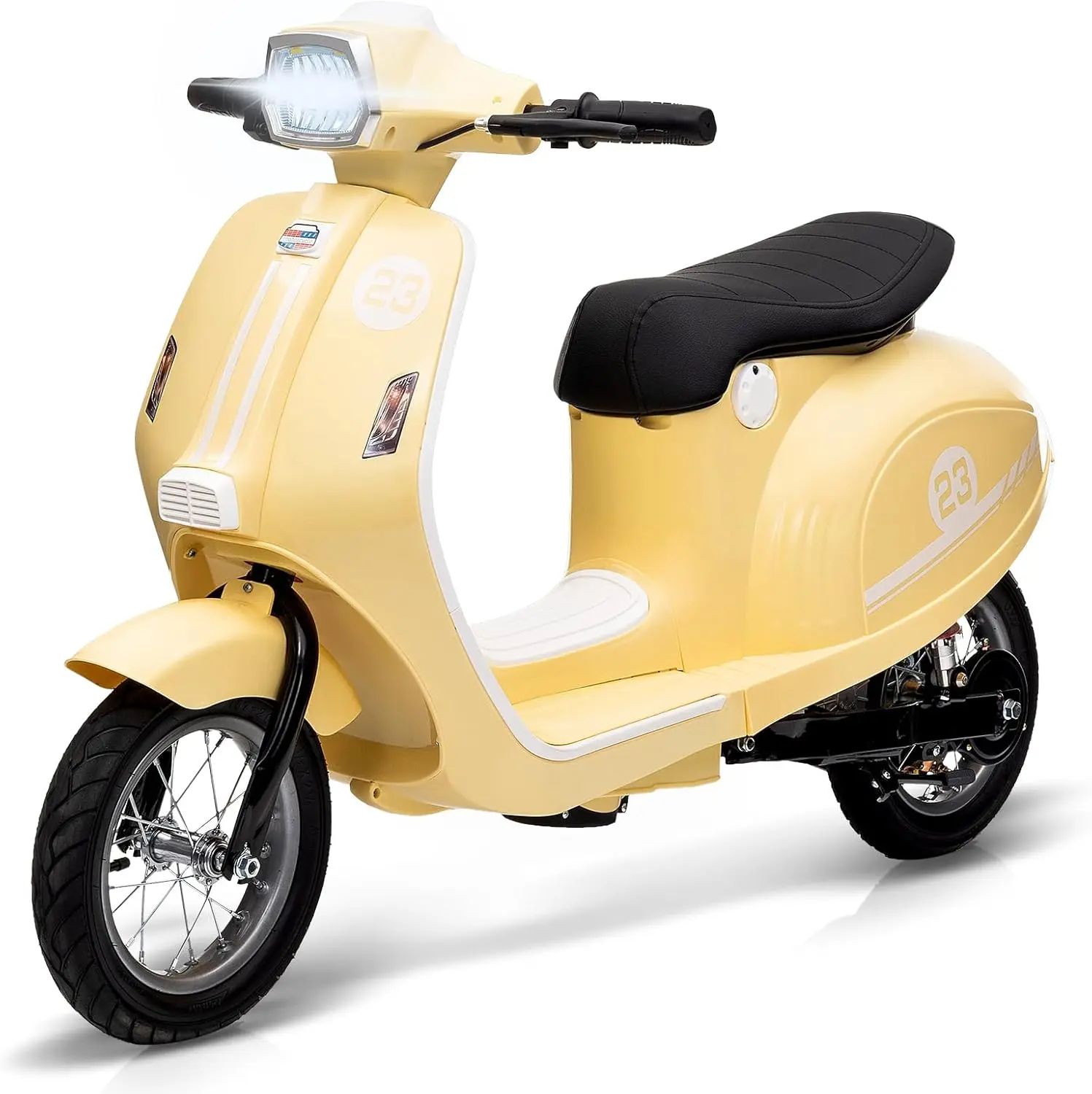 【Christmas Gift】Off-white 24V Electric Moped Scooter For Kids Ages 8 To 12 With 350W Motor Waterproof Design Rear Brake Twist Grip Throttle Led Lights Pneumatic Tires And Shock Absorption Off-white