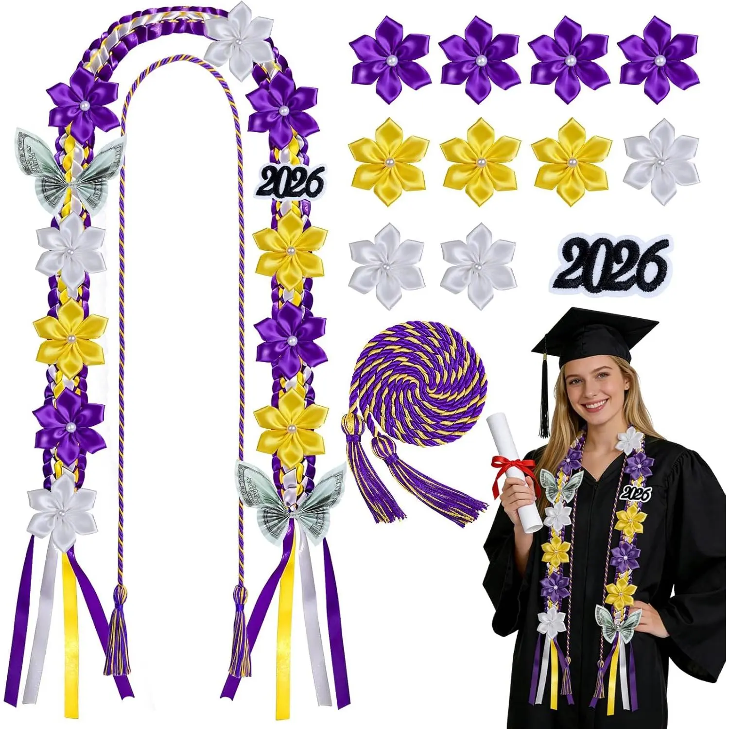 Class of 2026 Graduation Lei DIY Kit, Double-Braided Glossy Satin Ribbon with Pearl Flowers, Hawaiian Style Custom Graduation Gift for Sons, Purple Gold, Adjustable Pins, 48" Cord, Ceremony Accessory, Decoration, Set, Leis