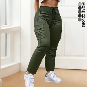 Women’s cargo pants with multiple pockets—thin for all seasons—featuring distinctive zippered pockets and a straight-leg casual design. Elastic waistband makes them suitable for outdoor sports, everyday wear, and dates.