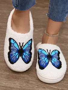 🦋 Dream Blue Butterfly Plush Women's Slippers, Soft Teddy Fleece Lining, Vibrant Embroidered Design, Thickened Inner Sole, Non-Slip Bottom