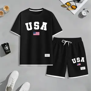Men's USA Print Waffle Fabric Short-Sleeved Shirt And Shorts Set Men's USA Print Waffle Fabric Short-Sleeved Shirt And Shorts Set