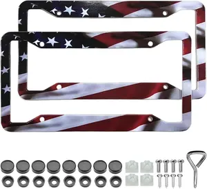 American Flag License Plate Frame Holder 2 Pack Universal Aluminum Matte Stripe US Flag Gloss Patriotic Car Plate Frame Covers with Free Screws Fasteners Caps