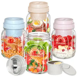 Syntic 32 Oz Customized Food Grade Salad Jar Set, Glass Salad Container for Lunch, Salad Jars with Silicone Dressing Cup & Airtight Lid & Fork for Meal Prep, Wet/Dry Separation Divider for Salad Dressing and Dry Ingredients Mason Jar